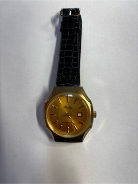 Gold-Tone Watch with Black Leather Strap